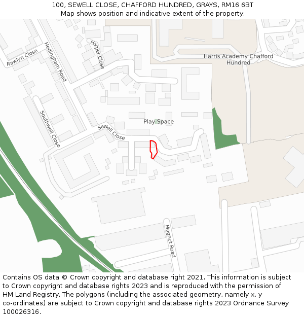 100, SEWELL CLOSE, CHAFFORD HUNDRED, GRAYS, RM16 6BT: Location map and indicative extent of plot