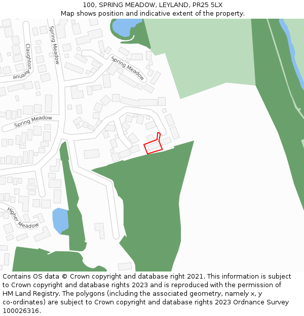 100, SPRING MEADOW, LEYLAND, PR25 5LX: Location map and indicative extent of plot