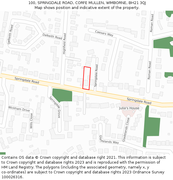 100, SPRINGDALE ROAD, CORFE MULLEN, WIMBORNE, BH21 3QJ: Location map and indicative extent of plot