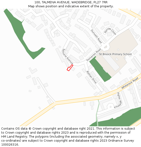 100, TALMENA AVENUE, WADEBRIDGE, PL27 7RR: Location map and indicative extent of plot