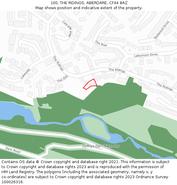 100, THE RIDINGS, ABERDARE, CF44 8AZ: Location map and indicative extent of plot