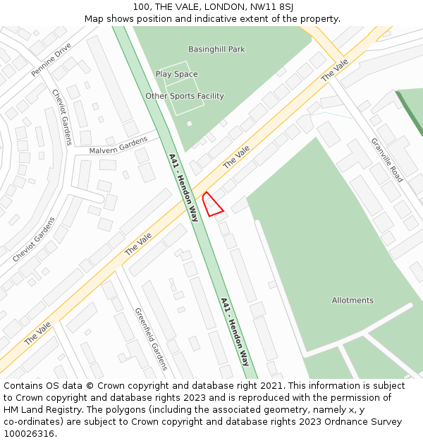 100, THE VALE, LONDON, NW11 8SJ: Location map and indicative extent of plot