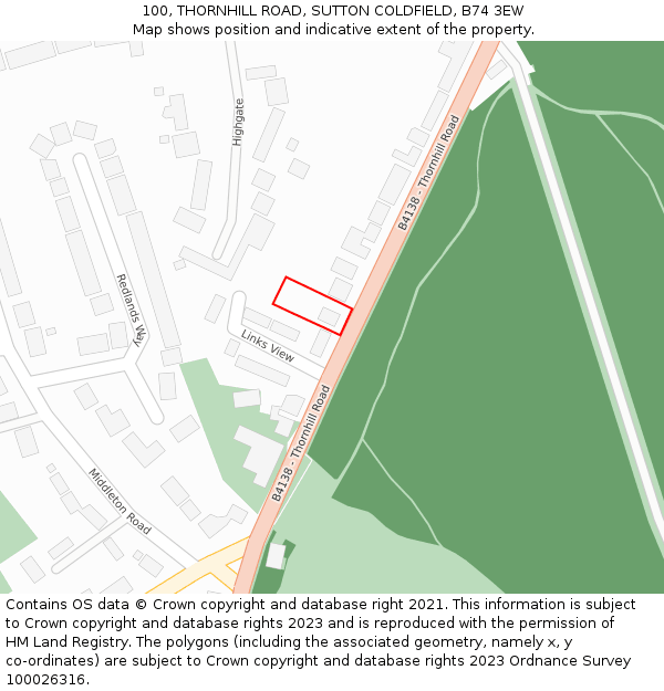 100, THORNHILL ROAD, SUTTON COLDFIELD, B74 3EW: Location map and indicative extent of plot