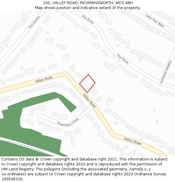 100, VALLEY ROAD, RICKMANSWORTH, WD3 4BH: Location map and indicative extent of plot