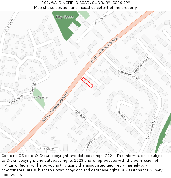 100, WALDINGFIELD ROAD, SUDBURY, CO10 2PY: Location map and indicative extent of plot