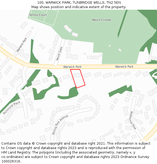 100, WARWICK PARK, TUNBRIDGE WELLS, TN2 5EN: Location map and indicative extent of plot