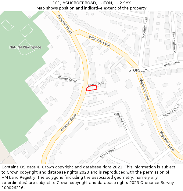 101, ASHCROFT ROAD, LUTON, LU2 9AX: Location map and indicative extent of plot