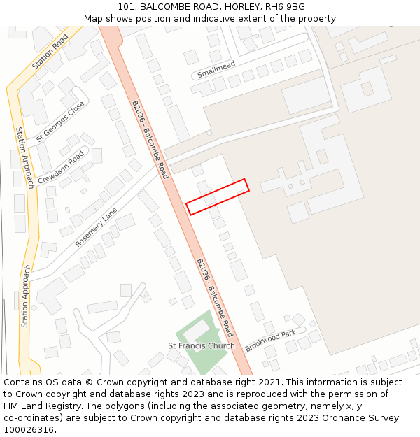 101, BALCOMBE ROAD, HORLEY, RH6 9BG: Location map and indicative extent of plot