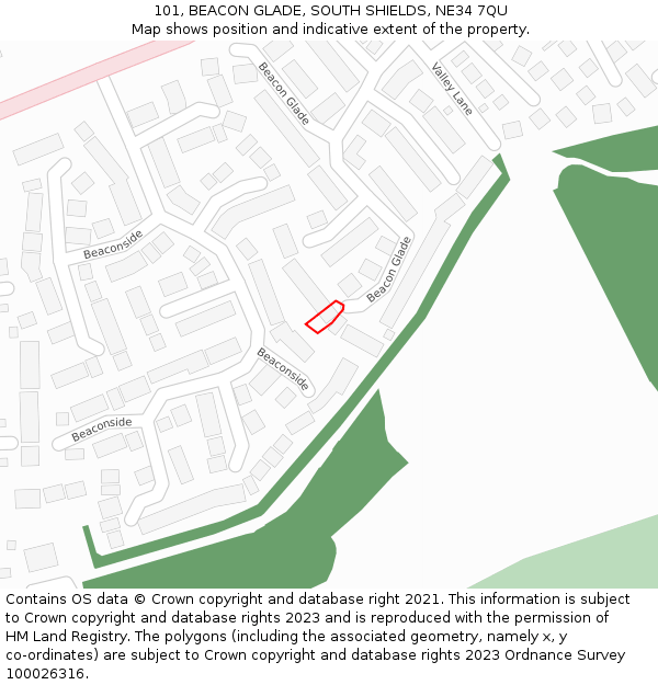 101, BEACON GLADE, SOUTH SHIELDS, NE34 7QU: Location map and indicative extent of plot