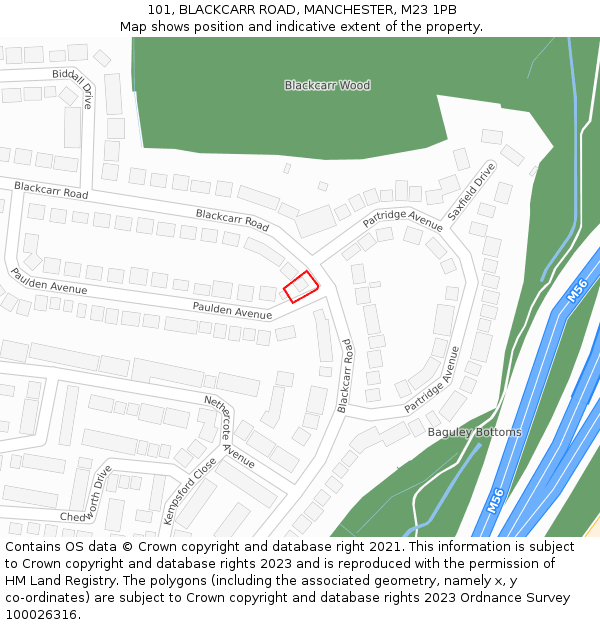 101, BLACKCARR ROAD, MANCHESTER, M23 1PB: Location map and indicative extent of plot