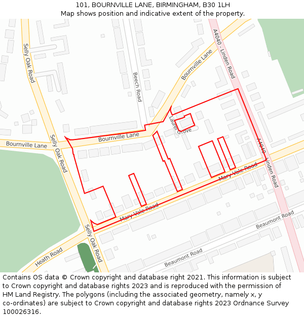 101, BOURNVILLE LANE, BIRMINGHAM, B30 1LH: Location map and indicative extent of plot