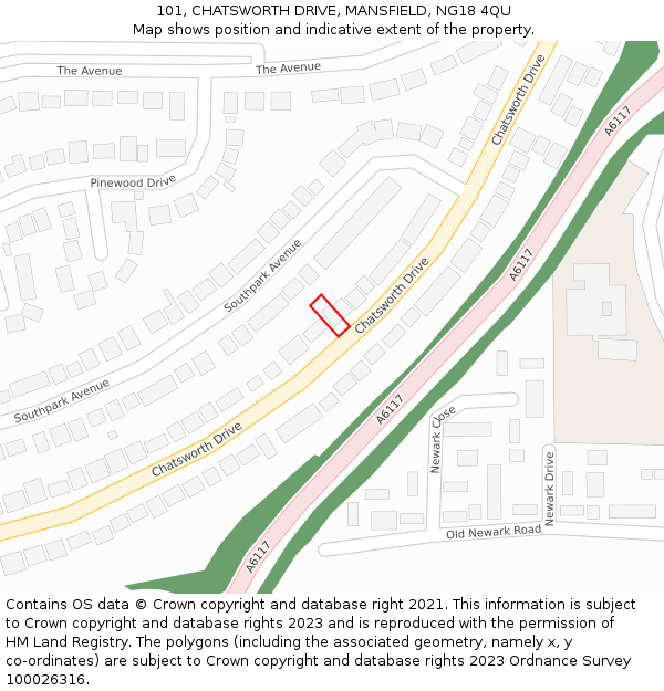 101, CHATSWORTH DRIVE, MANSFIELD, NG18 4QU: Location map and indicative extent of plot