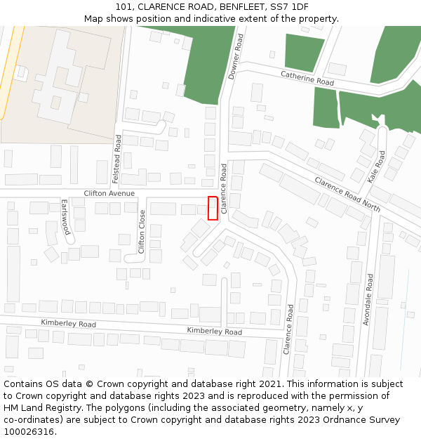 101, CLARENCE ROAD, BENFLEET, SS7 1DF: Location map and indicative extent of plot