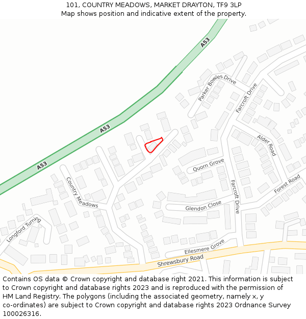 101, COUNTRY MEADOWS, MARKET DRAYTON, TF9 3LP: Location map and indicative extent of plot