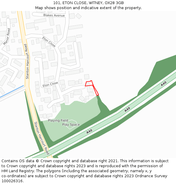 101, ETON CLOSE, WITNEY, OX28 3GB: Location map and indicative extent of plot