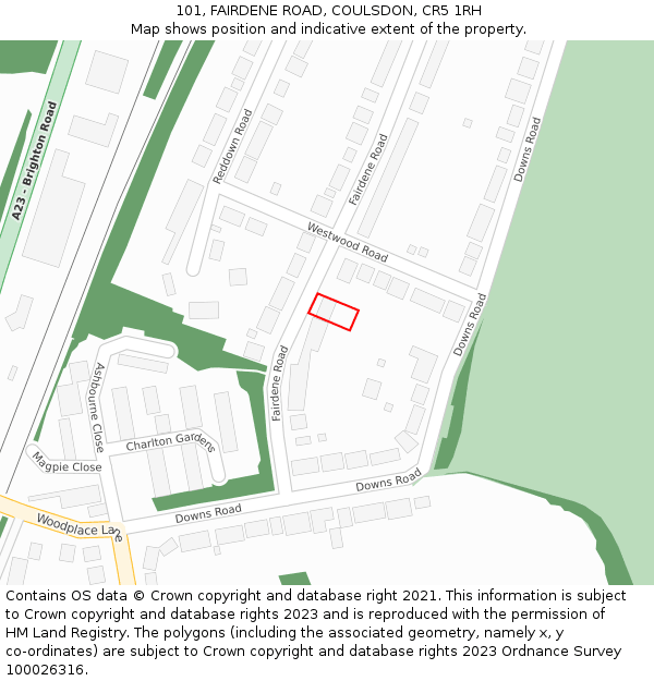 101, FAIRDENE ROAD, COULSDON, CR5 1RH: Location map and indicative extent of plot