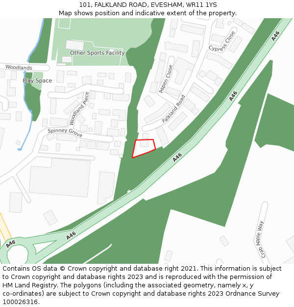 101, FALKLAND ROAD, EVESHAM, WR11 1YS: Location map and indicative extent of plot