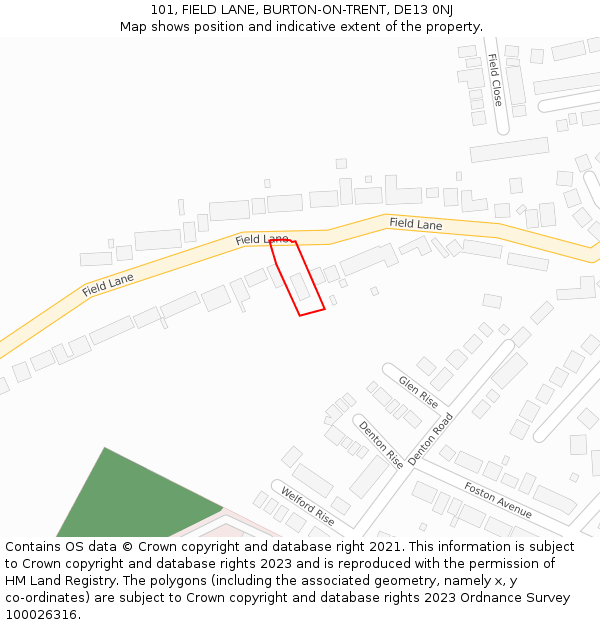 101, FIELD LANE, BURTON-ON-TRENT, DE13 0NJ: Location map and indicative extent of plot