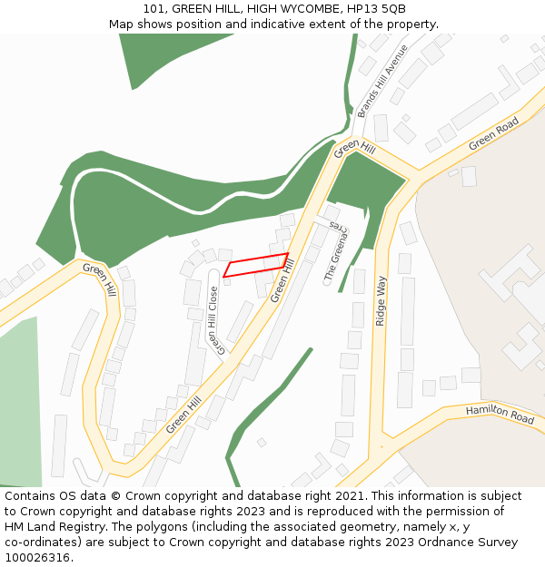 101, GREEN HILL, HIGH WYCOMBE, HP13 5QB: Location map and indicative extent of plot