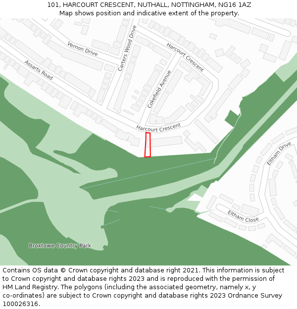 101, HARCOURT CRESCENT, NUTHALL, NOTTINGHAM, NG16 1AZ: Location map and indicative extent of plot