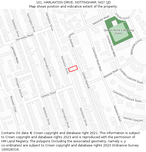 101, HARLAXTON DRIVE, NOTTINGHAM, NG7 1JD: Location map and indicative extent of plot