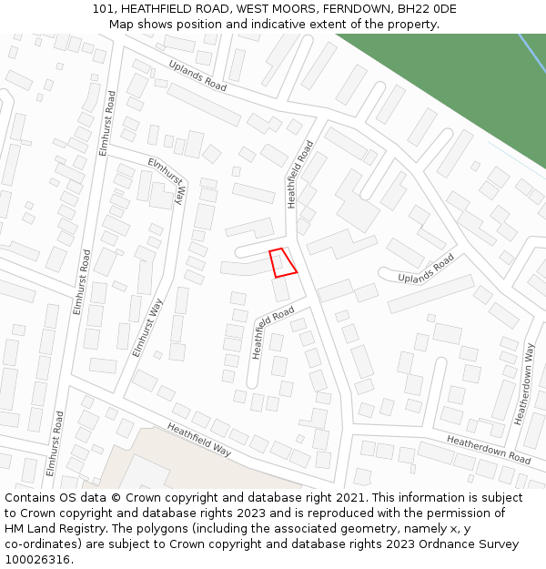101, HEATHFIELD ROAD, WEST MOORS, FERNDOWN, BH22 0DE: Location map and indicative extent of plot