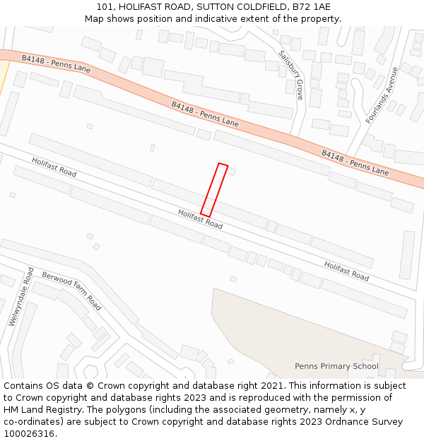 101, HOLIFAST ROAD, SUTTON COLDFIELD, B72 1AE: Location map and indicative extent of plot