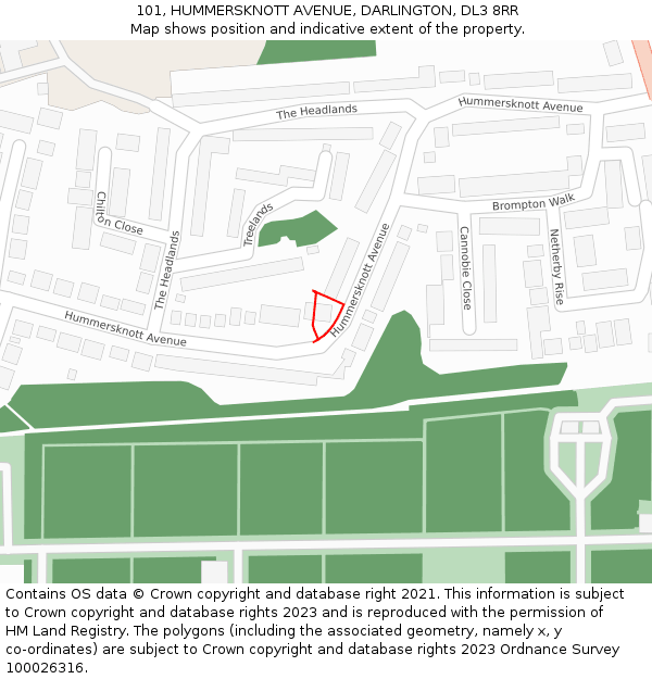 101, HUMMERSKNOTT AVENUE, DARLINGTON, DL3 8RR: Location map and indicative extent of plot
