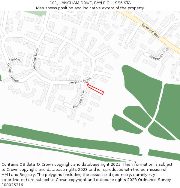 101, LANGHAM DRIVE, RAYLEIGH, SS6 9TA: Location map and indicative extent of plot