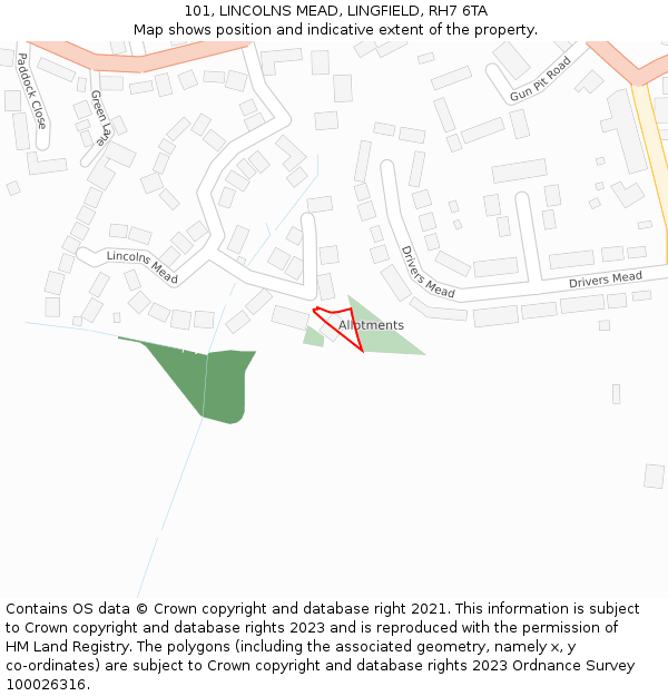 101, LINCOLNS MEAD, LINGFIELD, RH7 6TA: Location map and indicative extent of plot