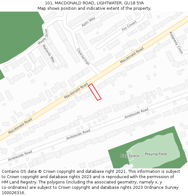 101, MACDONALD ROAD, LIGHTWATER, GU18 5YA: Location map and indicative extent of plot