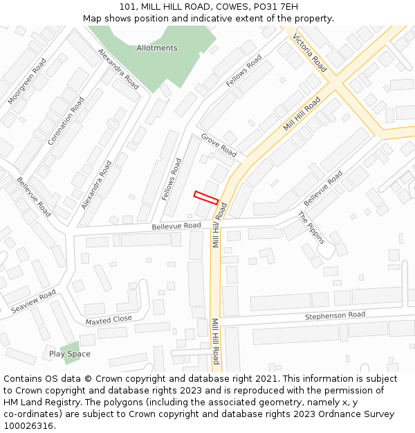 101, MILL HILL ROAD, COWES, PO31 7EH: Location map and indicative extent of plot