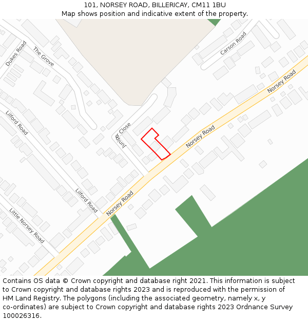 101, NORSEY ROAD, BILLERICAY, CM11 1BU: Location map and indicative extent of plot