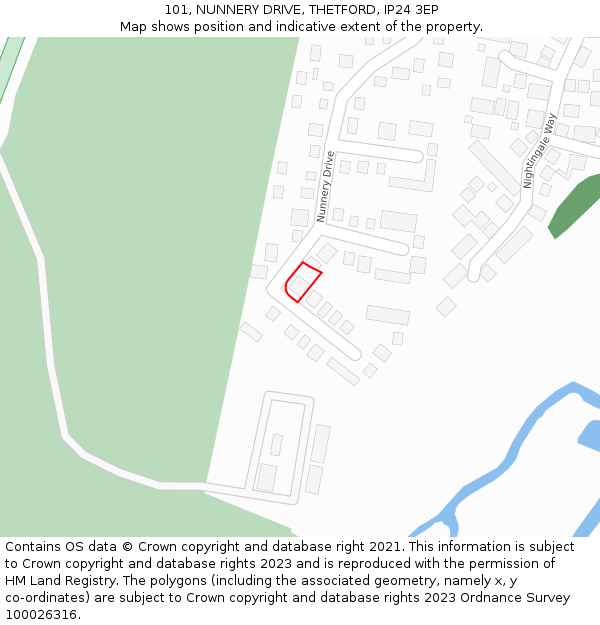 101, NUNNERY DRIVE, THETFORD, IP24 3EP: Location map and indicative extent of plot
