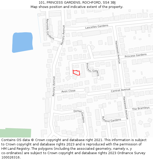 101, PRINCESS GARDENS, ROCHFORD, SS4 3BJ: Location map and indicative extent of plot