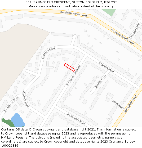 101, SPRINGFIELD CRESCENT, SUTTON COLDFIELD, B76 2ST: Location map and indicative extent of plot
