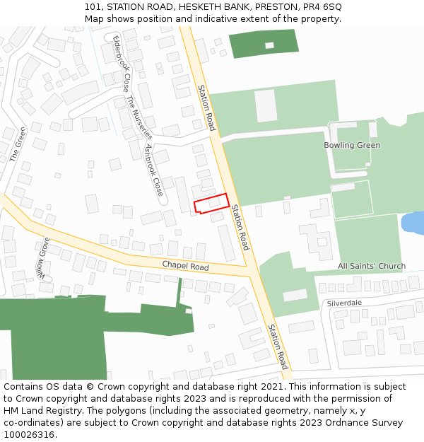 101, STATION ROAD, HESKETH BANK, PRESTON, PR4 6SQ: Location map and indicative extent of plot
