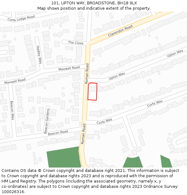 101, UPTON WAY, BROADSTONE, BH18 9LX: Location map and indicative extent of plot