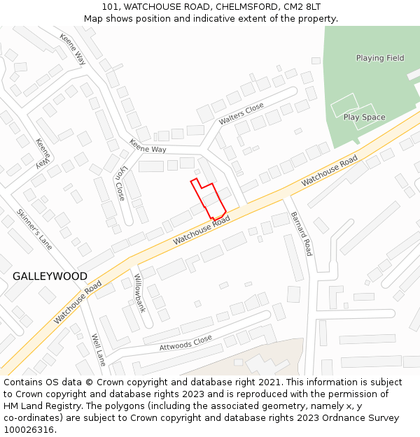 101, WATCHOUSE ROAD, CHELMSFORD, CM2 8LT: Location map and indicative extent of plot