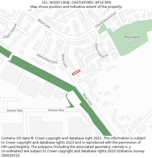 101, WOOD LANE, CASTLEFORD, WF10 5PQ: Location map and indicative extent of plot