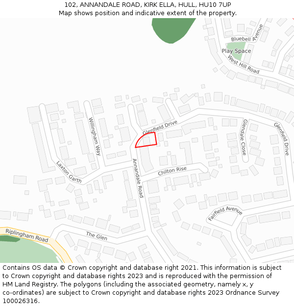 102, ANNANDALE ROAD, KIRK ELLA, HULL, HU10 7UP: Location map and indicative extent of plot