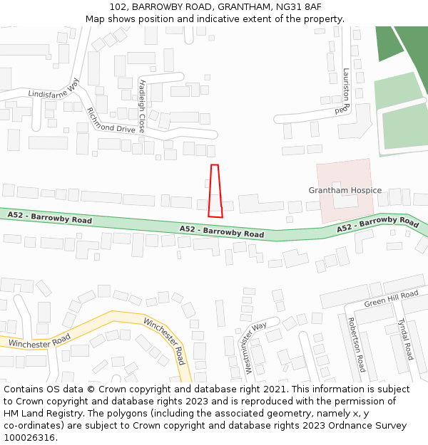 102, BARROWBY ROAD, GRANTHAM, NG31 8AF: Location map and indicative extent of plot