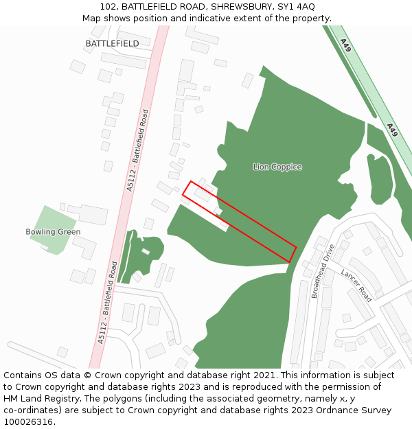 102, BATTLEFIELD ROAD, SHREWSBURY, SY1 4AQ: Location map and indicative extent of plot