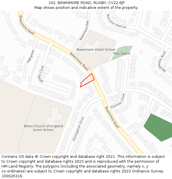 102, BAWNMORE ROAD, RUGBY, CV22 6JP: Location map and indicative extent of plot