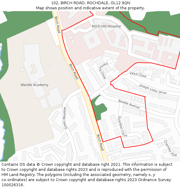 102, BIRCH ROAD, ROCHDALE, OL12 9QN: Location map and indicative extent of plot