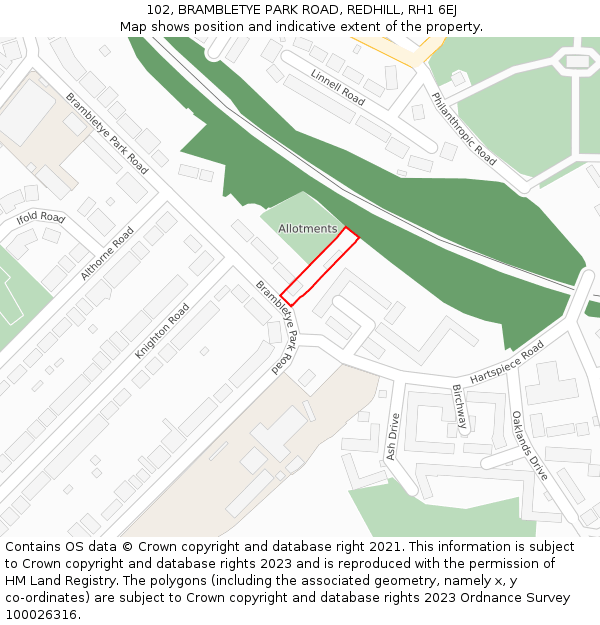102, BRAMBLETYE PARK ROAD, REDHILL, RH1 6EJ: Location map and indicative extent of plot