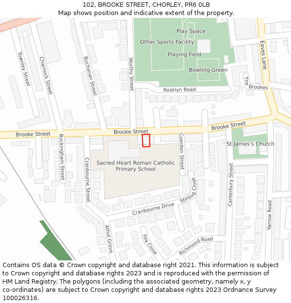 102, BROOKE STREET, CHORLEY, PR6 0LB: Location map and indicative extent of plot