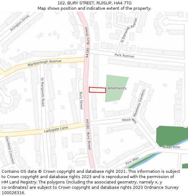 102, BURY STREET, RUISLIP, HA4 7TG: Location map and indicative extent of plot