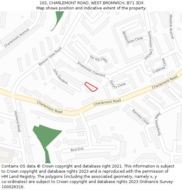 102, CHARLEMONT ROAD, WEST BROMWICH, B71 3DX: Location map and indicative extent of plot