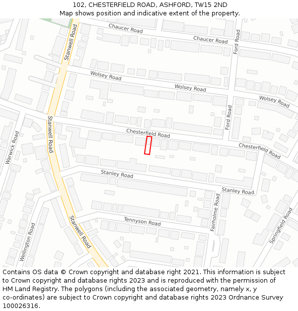 102, CHESTERFIELD ROAD, ASHFORD, TW15 2ND: Location map and indicative extent of plot